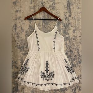 White - Navy Blue Embroidered Dress